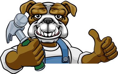 A bulldog cartoon animal mascot carpenter or handyman builder construction maintenance contractor peeking around a sign holding a hammer and giving a thumbs up