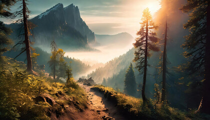 landscape, sunrise in the mountains, fog swirling in the wind - obrazy, fototapety, plakaty