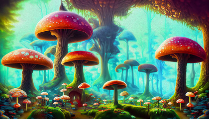 oil painting Surreal fantasy land with large forest full of all sizes mushrooms. Beautiful magical fairy tale enchanted forest. Surreal, abstract, highly detailed, lifelike, 3d illustration,
