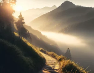 Türaufkleber landscape, sunrise in the mountains, fog swirling in the wind © Gulmira 