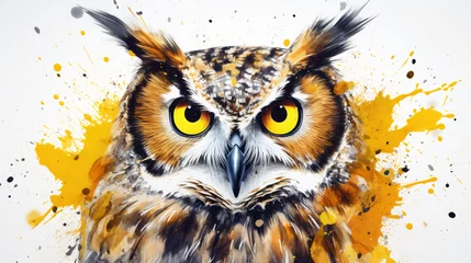 Poster An owl with yellow eyes is painted in watercolor. © Natia