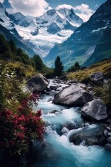 Fototapeta na wymiar Mystical Mountain Majesty: Waterfalls and Wildflowers in a Dreamy Valley - Generative AI