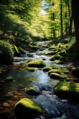 Serenity Stream: Moss-Covered Stones in a Whispering Forest Generative AI