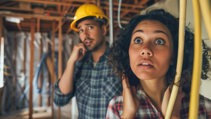 frustrated homeowners as an electrical cable malfunctions in the construction phase, highlighting unexpected challenges