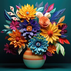 Burst of Colors: Handcrafted Paper Art Floral Display in Vase Generative AI