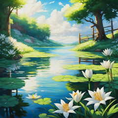 oil painting White lily oil painting beautiful scenery quit pond. Nature landscape blooming lake flowers water sunny summer weather interior poster design illustration
