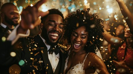Charming black wedding couple celebrating with friends