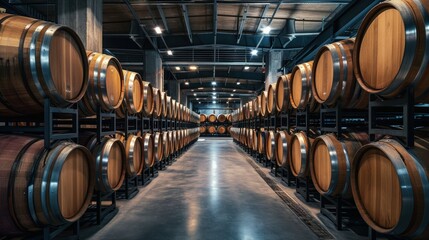 Wine cellar. Wine or whiskey barrels. French wooden barrels - obrazy, fototapety, plakaty