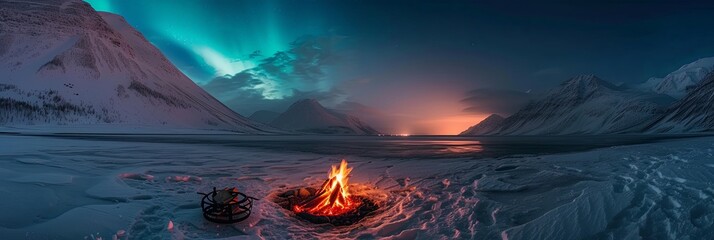 Winter mountain landscape of fire burning on frozen lake.