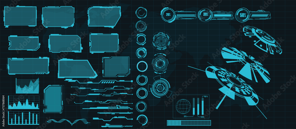Fototapete digital interface hud elements set pack. user interface, frame screens. callouts titles, fui circle 