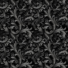 Black and white seamless pattern with classic foliage ornament. Seamless texture background.