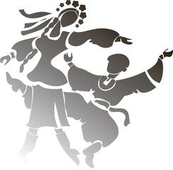 Stylized silhouette. Ukrainian folk dance. A girl and a guy dance hopaka in national Ukrainian costumes. Gradient
