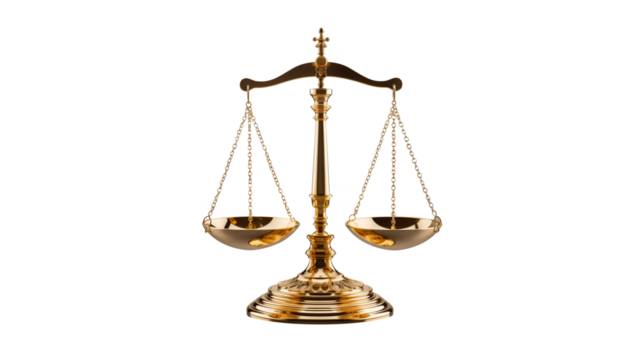 Scale of justice cut out. Golden scales of justice on transparent background