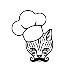Cat in a chef's hat with mustache, cat looking. Animal and pet, kitten or catlike, food and meal, illustration