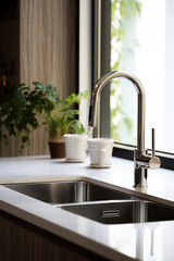 Elegant kitchen sink with chrome faucet and vase - 737868423
