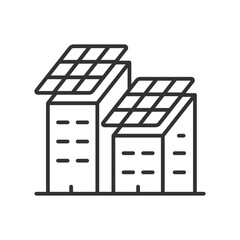 Solar panels on a building icon in line design. Solar, panels, building, energy, power, renewable isolated on white background vector. Solar panels on a building editable stroke icon.