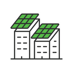 Solar panels on a building icon in line design green. Solar, panels, building, energy, power, renewable isolated on white background vector. Solar panels on a building editable stroke icon.