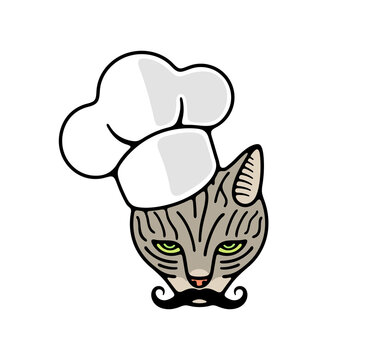 Cat in a chef's hat with mustache, cat looking. Animal and pet, kitten or catlike, food and meal, illustration