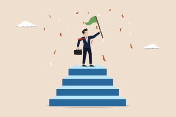 Step to success, career success or business journey concept, staircase to achievement or reach winner target, successful businessman hold winning flag on top of step stair.