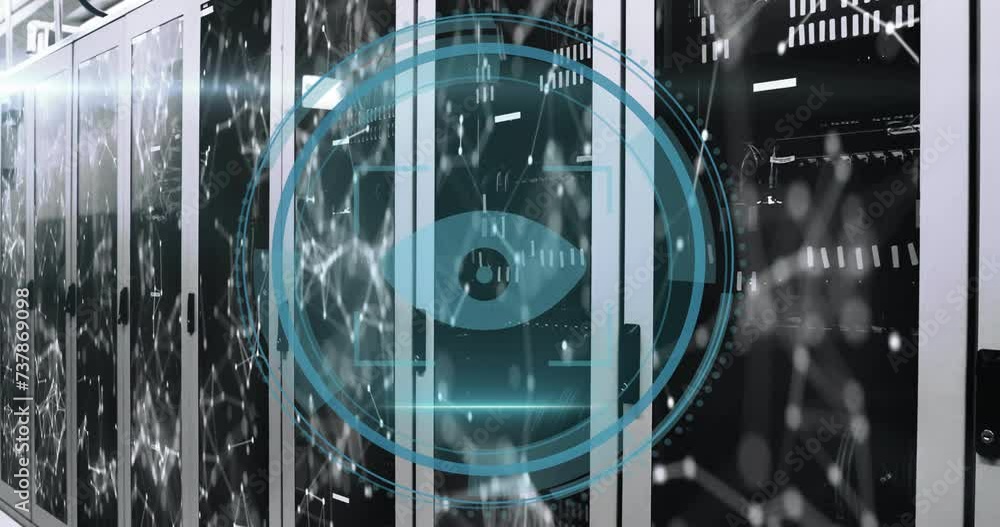 Poster Animation of search eye icon and data processing over computer servers