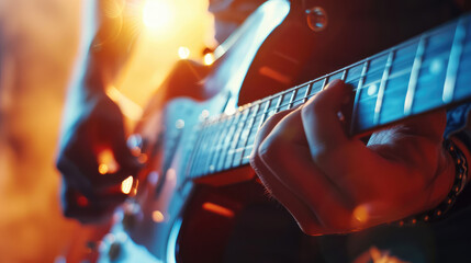 Close-up of a musician's hands skillfully playing an electric guitar, with a vibrant bokeh of...