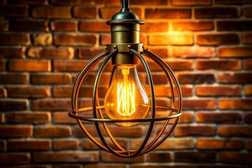 Retro light bulbs against brick wall. Decorative vintage edison light bulb, Modern chandelier for loft and cafe. Generative AI