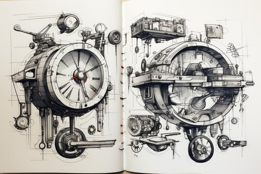 Pen Sketching Clock, Steam Punk Style, Clock Drawing, Black White Watch Sketch, Time Machine Project