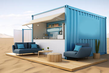 Shipping Container as Modular Home in Desert, Living in Shipping Container House Concept - obrazy, fototapety, plakaty