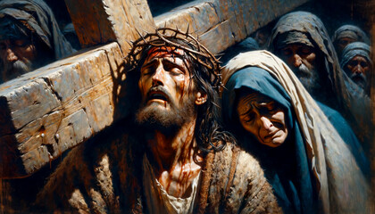 The Weight of Redemption: Jesus' Agony and Mary's Sorrow in Carrying the Cross on the Road to Calvary and Crucifixion.