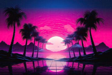 Retro City Synthwave Night Cityscape with Sunset, Neon Retrowave Banner, 80s Pop Music Background