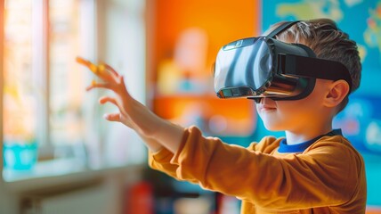 A little boy wears a VR headset to test augmented technology in a school science room.