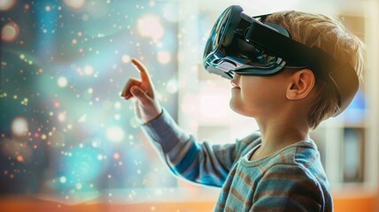 A little boy wears a VR headset to test augmented technology in a school science room.