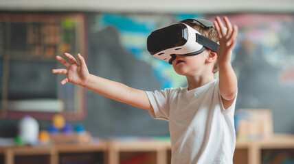 A little boy wears a VR headset to test augmented technology in a school science room.