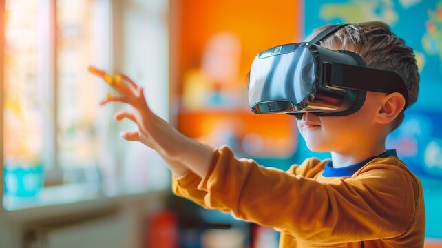 A little boy wears a VR headset to test augmented technology in a school science room.