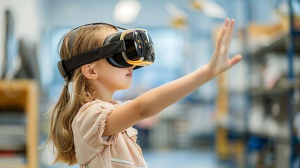 A little girl wears a VR headset to test augmented technology in a school science room.