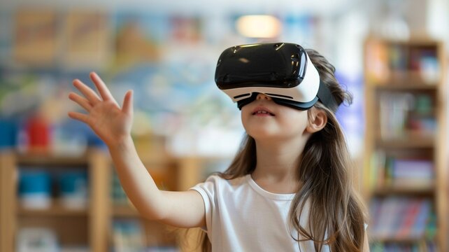 A little girl wears a VR headset to test augmented technology in a school science room.