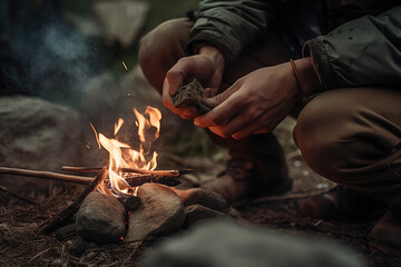 Closeup of a person adeptly starting a campfire - obrazy, fototapety, plakaty
