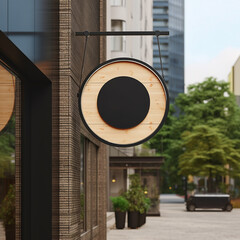 Round signboard mockup with background for company logo. Facade sign on a modern building