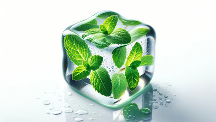 Fresh Mint Leaf in Clear Ice Cube Isolated Background