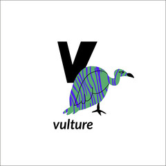 Vector illustration with vulture bird and English capital letter V. childish alphabet for language learning