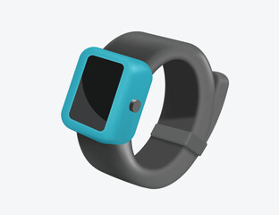 Smart watch has a blue dial and a matte black plastic wrist strap on white background for advertising design, vector 3d isolated for design, vector illustration
