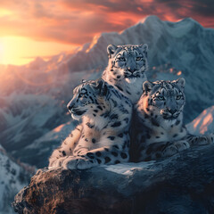 Snow leopard family in the mountain region with setting sun shining. Group of wild animals in...