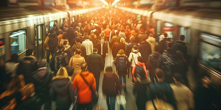 Busy subway station with a bustling crowd of commuters. Concept Urban chaos, Rush hour madness, Busy subway life, Crowded commuting, Hustle and bustle