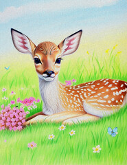 Oil painting three frames of young deers in wild landscape with spring or summer colorful flowers. Baby fawn Fawn lies on a blossoming sunny lawn. Hand drawn picture in impressiomism style
