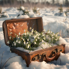 Vintage suitcase with snowdrop flowers and hoarfrost lying on the snowy surface. Concept of spring coming.