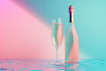
blank champagne bottle and glass on a pastel blue and pink holographic background