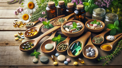 Dietary Supplements and Natural Herbs on Wooden Spoons