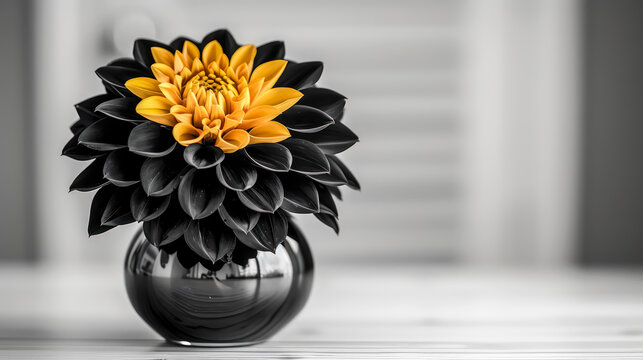 A minimalist still life showcasing a single flower in a sleek vase against a stark white backdrop background