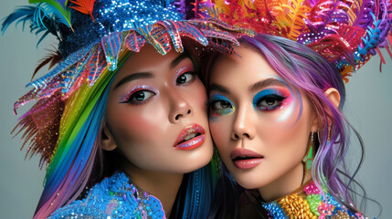 Two models pose together, their faces adorned with carnival party  makeup. Glamorous Women Duo Showcasing festive Makeup and Headdresses
