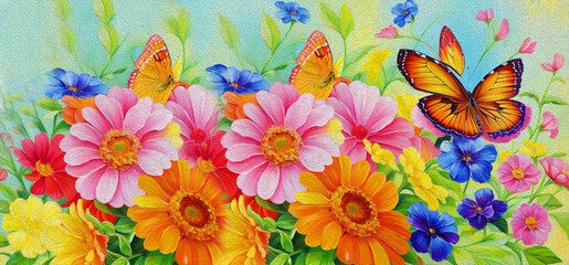 Fototapeta na wymiar floral background,colorful flowers with butterfly.Oil painting 